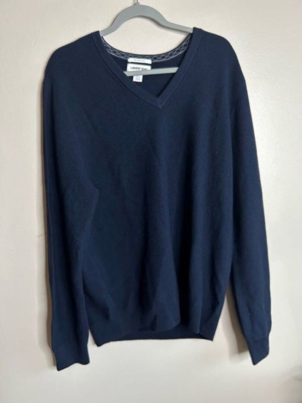 Lands End Sweater Womens Large Merino Wool Navy Blue V Neck Neutral Classy